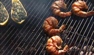 Smoked Squash Rockefeller and Horseradish Bacon-wrapped Grilled Shrimp
