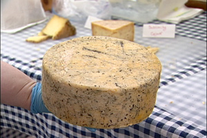 a wheel of artisan cheese at the portland farmers market