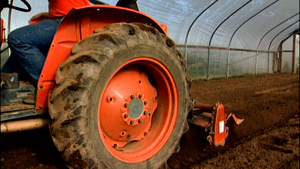 plowing the field inside a large greenhouse