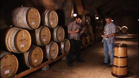 Winemakers James Frey and Greg McClellan in the barrel cave.